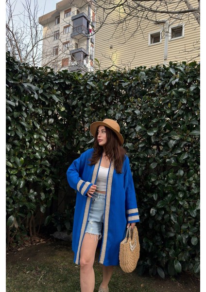 Kadın Saks Müslin Kumaş, Hasır Şerit Detaylı Salaş Kimono Ceket modelleri