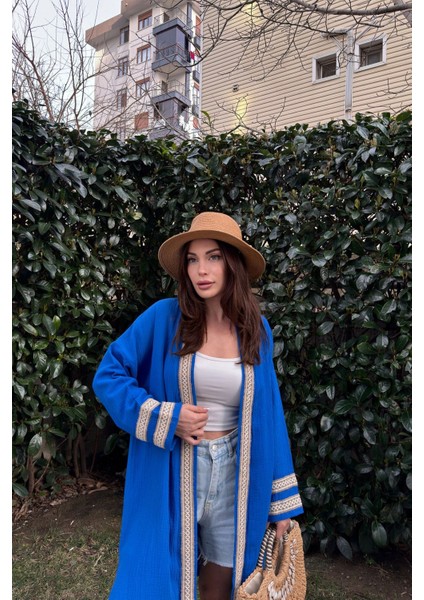 Kadın Saks Müslin Kumaş, Hasır Şerit Detaylı Salaş Kimono Ceket fırsatları