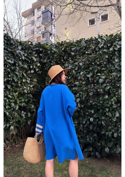 Kadın Saks Müslin Kumaş, Hasır Şerit Detaylı Salaş Kimono Ceket indirimleri