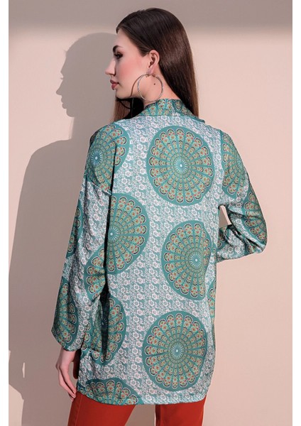 Kadın Yeşil Etnik Desen Yeni Moda Saten Çift Cepli Salaş Kimono Ceket - Tesettüre Uygun indirimleri
