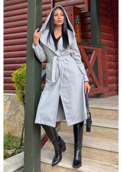 Gri Kruvaze Yaka, Kapüşonlu, Çift Cepli, Beli Kemerli, Uzun Kaşe Kaban (Astarsız)