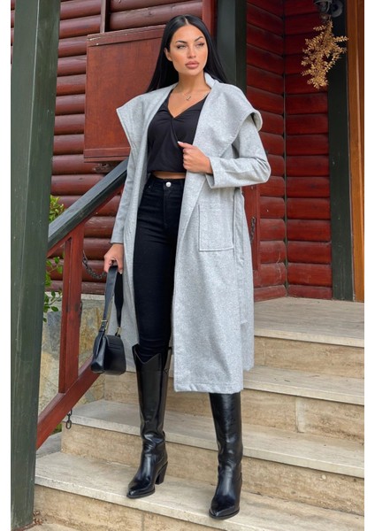 Gri Kruvaze Yaka, Kapüşonlu, Çift Cepli, Beli Kemerli, Uzun Kaşe Kaban (Astarsız) fiyatları