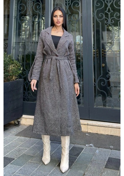 Kahve Kruvaze Yaka, Çift Cepli, Beli Kemerli, Uzun Balıksırtı Kaşe Kaban (Astarsız)