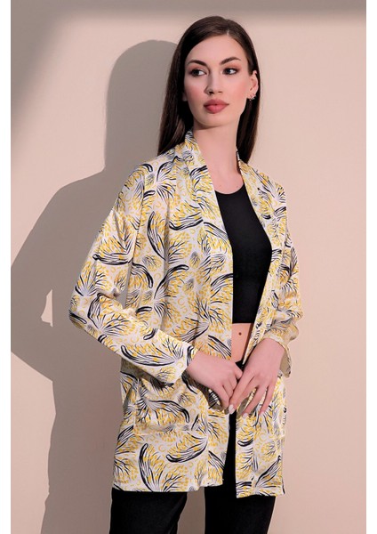 Kadın Sarı Safari Desen Yeni Moda Saten Çift Cepli Salaş Kimono Ceket - Tesettüre Uygun fiyatları