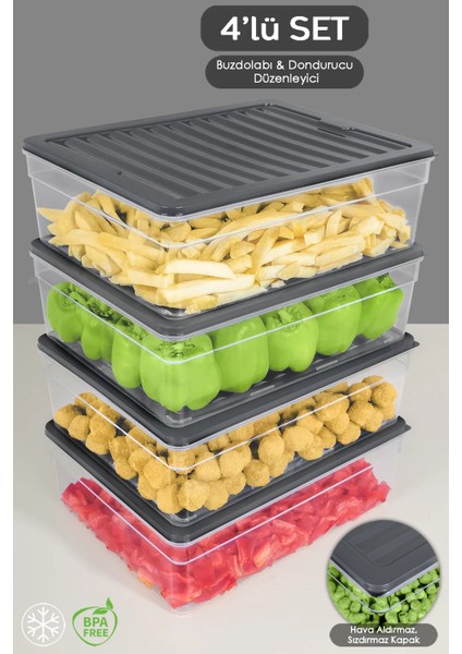 4'lü Derin Buzdolabı Organizer Set Düzenleyici Saklama Kabı Mikrodalga Difriz Kabı 5300ML