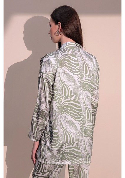 Kadın Haki Safari Desen Yeni Moda Saten Çift Cepli Salaş Kimono Ceket - Tesettüre Uygun modelleri