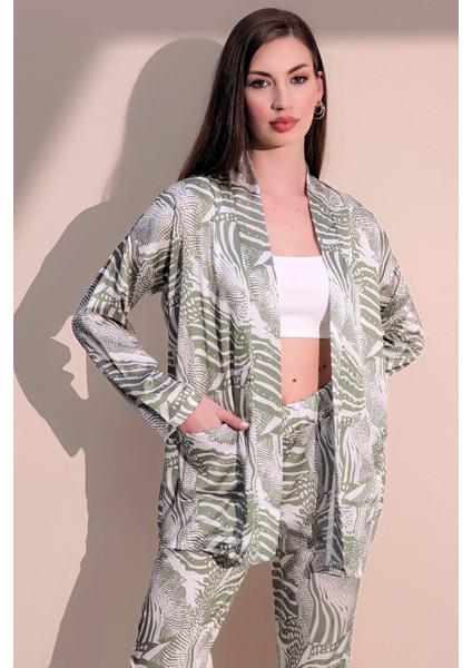 Kadın Haki Safari Desen Yeni Moda Saten Çift Cepli Salaş Kimono Ceket - Tesettüre Uygun fırsatları