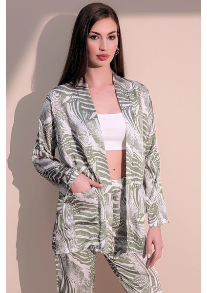 Kadın Haki Safari Desen Yeni Moda Saten Çift Cepli Salaş Kimono Ceket - Tesettüre Uygun indirimleri