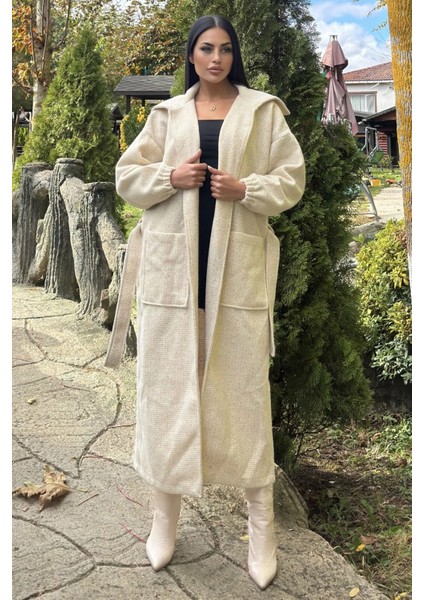 Ekru Cepli, Balon Kol, Kemerli, Kalın Örgü Triko, Uzun Kaban fırsatları