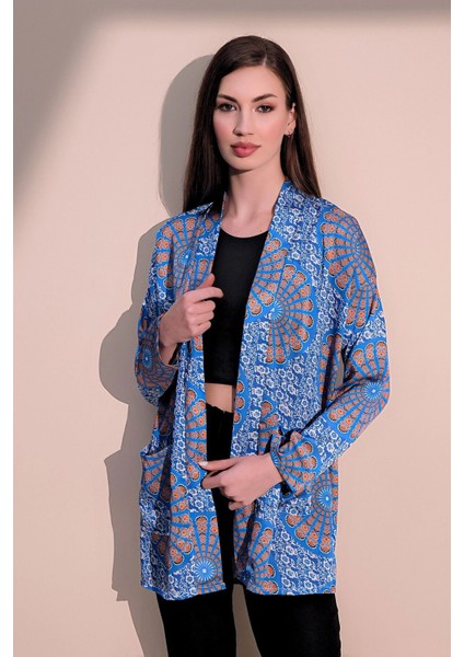Kadın Saks Etnik Desen Yeni Moda Saten Çift Cepli Salaş Kimono Ceket - Tesettüre Uygun
