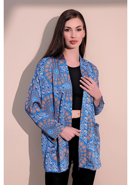 Kadın Saks Etnik Desen Yeni Moda Saten Çift Cepli Salaş Kimono Ceket - Tesettüre Uygun fiyatları