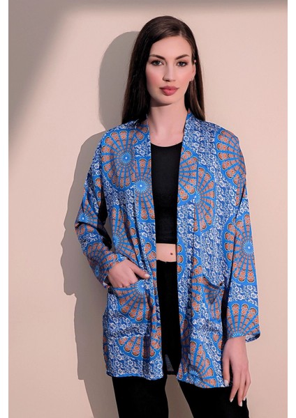 Kadın Saks Etnik Desen Yeni Moda Saten Çift Cepli Salaş Kimono Ceket - Tesettüre Uygun modelleri