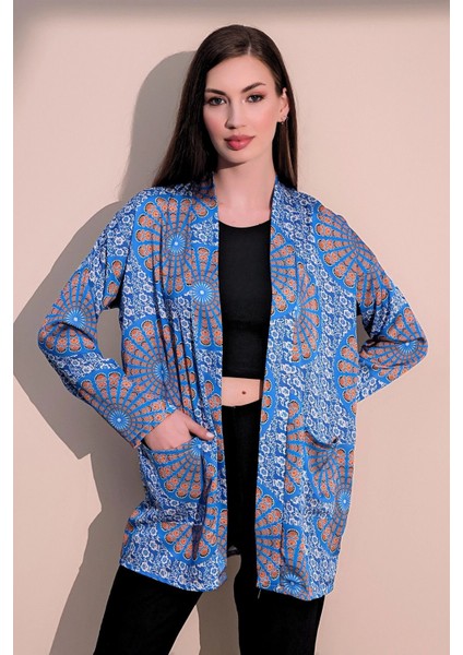 Kadın Saks Etnik Desen Yeni Moda Saten Çift Cepli Salaş Kimono Ceket - Tesettüre Uygun fırsatları
