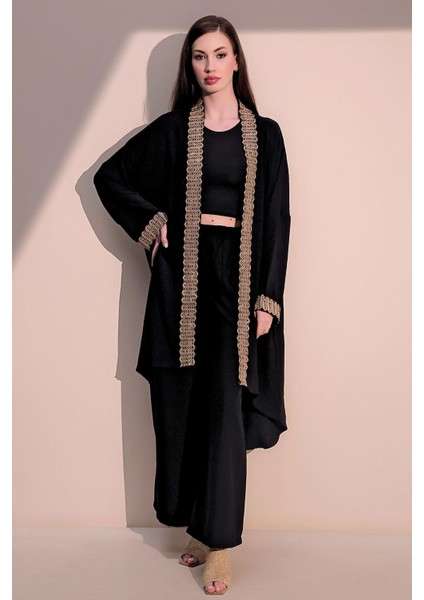 Kadın Siyah Şık Hasır Detaylı Kuşaklı Salaş Kimono - Tesettüre Uygun