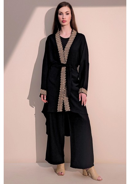 Kadın Siyah Şık Hasır Detaylı Kuşaklı Salaş Kimono - Tesettüre Uygun fiyatları