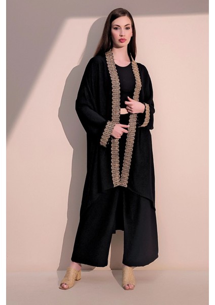 Kadın Siyah Şık Hasır Detaylı Kuşaklı Salaş Kimono - Tesettüre Uygun modelleri