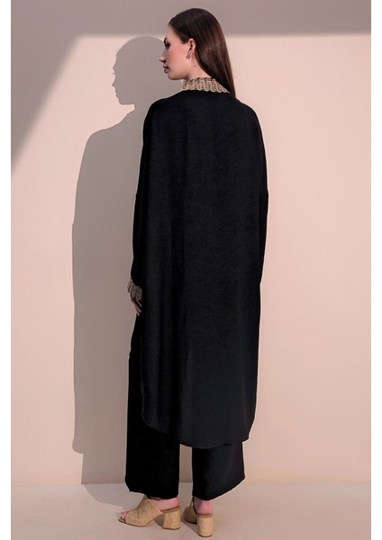 Kadın Siyah Şık Hasır Detaylı Kuşaklı Salaş Kimono - Tesettüre Uygun fırsatları