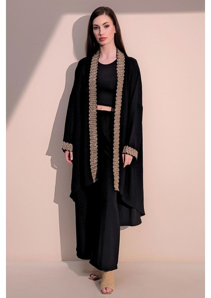 Kadın Siyah Şık Hasır Detaylı Kuşaklı Salaş Kimono - Tesettüre Uygun indirimleri