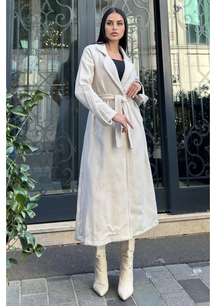 Ekru Kruvaze Yaka, Çift Cepli, Beli Kemerli, Uzun Balıksırtı Kaşe Kaban (Astarsız) fırsatları