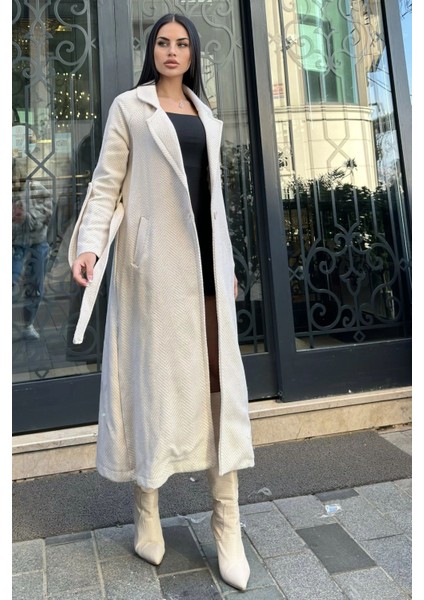 Ekru Kruvaze Yaka, Çift Cepli, Beli Kemerli, Uzun Balıksırtı Kaşe Kaban (Astarsız) indirimleri