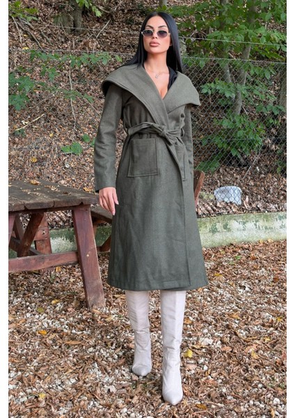 Haki Kruvaze Yaka, Kapüşonlu, Çift Cepli, Beli Kemerli, Uzun Kaşe Kaban (Astarsız)