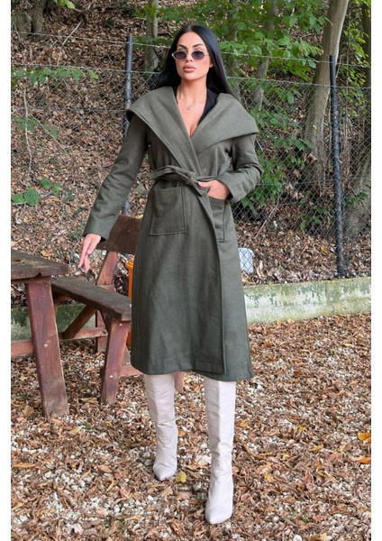 Haki Kruvaze Yaka, Kapüşonlu, Çift Cepli, Beli Kemerli, Uzun Kaşe Kaban (Astarsız) fiyatları