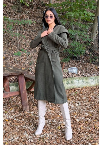 Haki Kruvaze Yaka, Kapüşonlu, Çift Cepli, Beli Kemerli, Uzun Kaşe Kaban (Astarsız) fırsatları