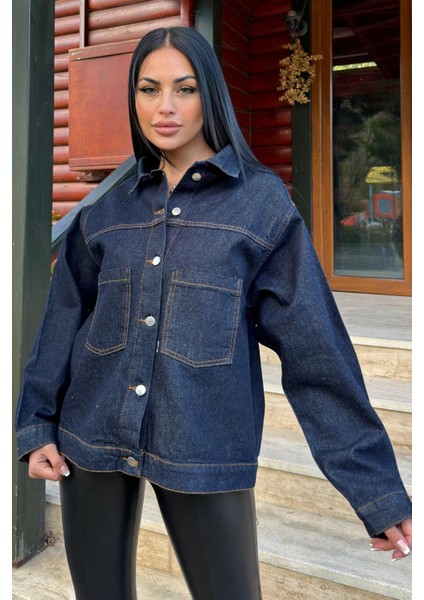 Lacivert Denim Color, Apaş Yaka, Çift Cepli, Kaliteli Jeans Kumaş, Salaş Kot Ceket