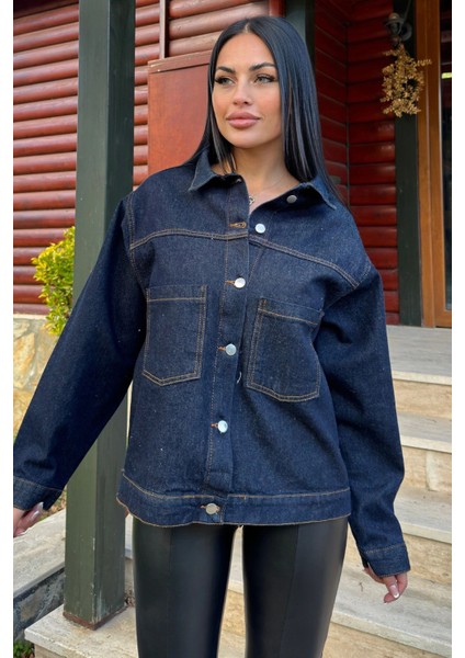 Lacivert Denim Color, Apaş Yaka, Çift Cepli, Kaliteli Jeans Kumaş, Salaş Kot Ceket modelleri