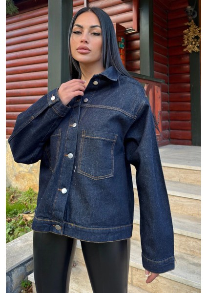 Lacivert Denim Color, Apaş Yaka, Çift Cepli, Kaliteli Jeans Kumaş, Salaş Kot Ceket fırsatları