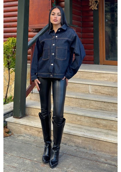 Lacivert Denim Color, Apaş Yaka, Çift Cepli, Kaliteli Jeans Kumaş, Salaş Kot Ceket indirimleri