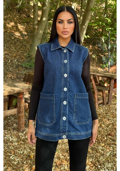 Mavi Denim Kolsuz, Düğmeli, Geniş Cepli Uzun Kot Yelek