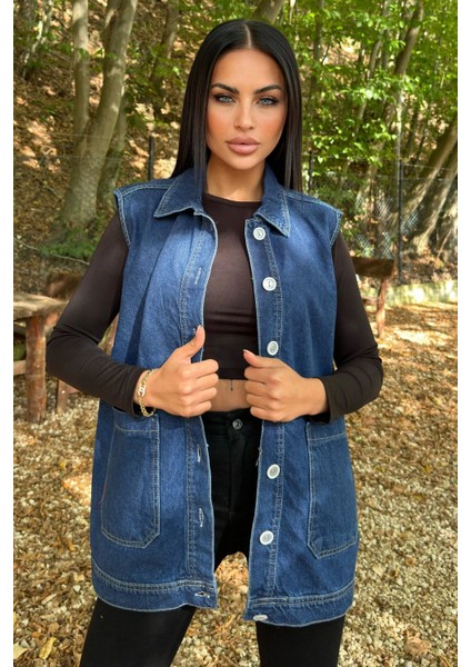 Mavi Denim Kolsuz, Düğmeli, Geniş Cepli Uzun Kot Yelek fiyatları