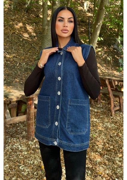 Mavi Denim Kolsuz, Düğmeli, Geniş Cepli Uzun Kot Yelek modelleri