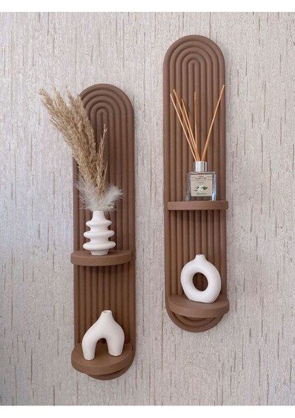 Bohem, Iskandinav Dekoratif Çift Raflı Duvar Rafı, Süsü (Hand Made) - Kahve (2’li Set)