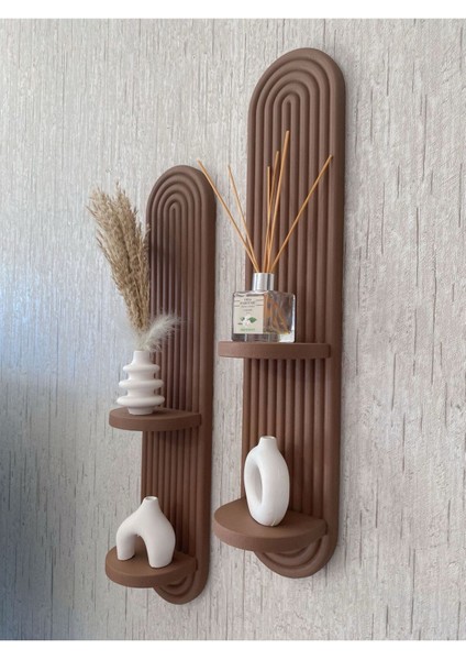 Bohem, Iskandinav Dekoratif Çift Raflı Duvar Rafı, Süsü (Hand Made) - Kahve (2’li Set)