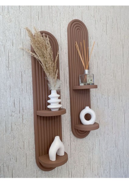 Bohem, Iskandinav Dekoratif Çift Raflı Duvar Rafı, Süsü (Hand Made) - Kahve (2’li Set)