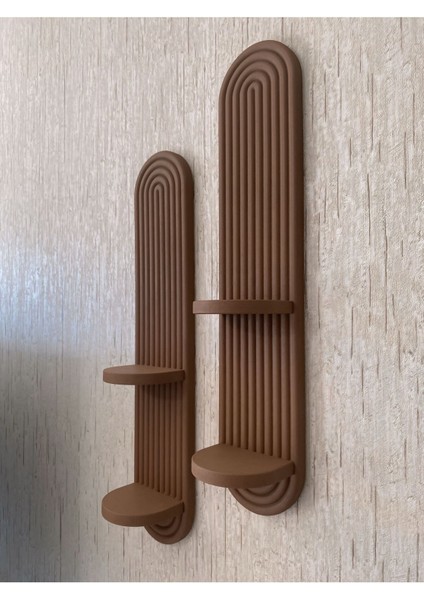 Bohem, Iskandinav Dekoratif Çift Raflı Duvar Rafı, Süsü (Hand Made) - Kahve (2’li Set)