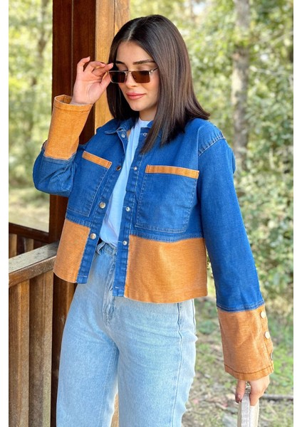 Kadın Mavi & Turuncu Denim Kontrast Çift Renk Detay Ön Düğmeli Manşetli Kot Ceket