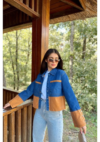 Kadın Mavi & Turuncu Denim Kontrast Çift Renk Detay Ön Düğmeli Manşetli Kot Ceket