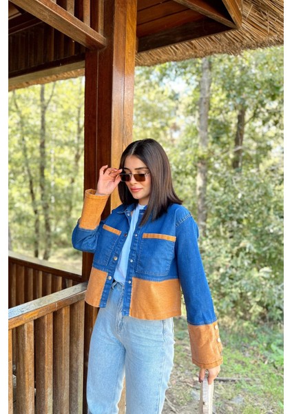 Kadın Mavi & Turuncu Denim Kontrast Çift Renk Detay Ön Düğmeli Manşetli Kot Ceket