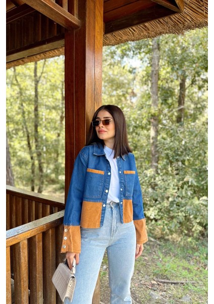 Kadın Mavi & Turuncu Denim Kontrast Çift Renk Detay Ön Düğmeli Manşetli Kot Ceket