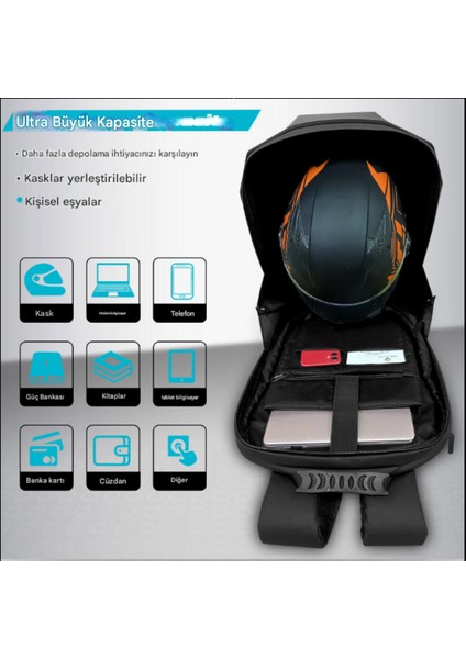 Karbon Detaylı LED Gözlü Motorcu Sırt Çantası Large (Uygulama Destekli)