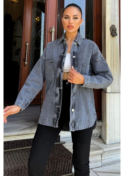 Siyah Oversize Cepli Düğmeli Denim Ceket Gömlek