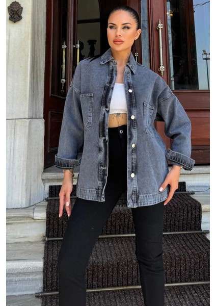 Siyah Oversize Cepli Düğmeli Denim Ceket Gömlek fiyatları