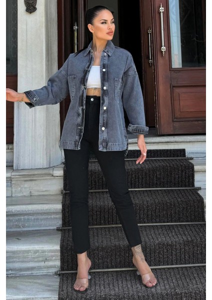 Siyah Oversize Cepli Düğmeli Denim Ceket Gömlek modelleri