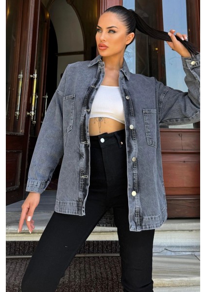 Siyah Oversize Cepli Düğmeli Denim Ceket Gömlek fırsatları