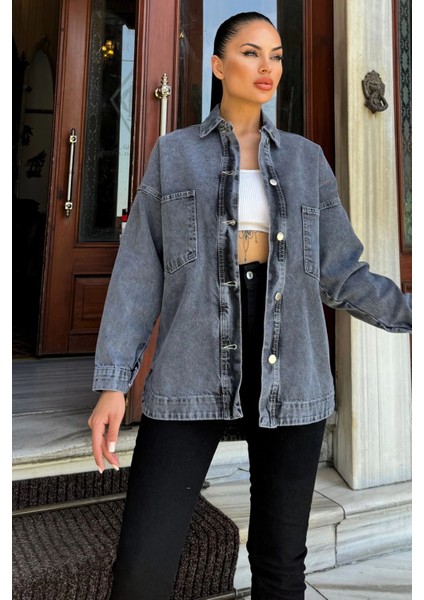 Siyah Oversize Cepli Düğmeli Denim Ceket Gömlek indirimleri