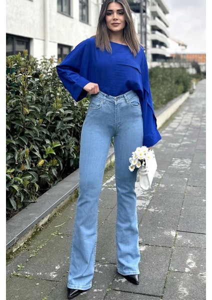 Kadın Mavi Yüksek Bel, Rahat Kesim, Bol Paça Kot Pantolon - Jeans