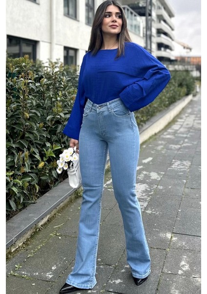 Kadın Mavi Yüksek Bel, Rahat Kesim, Bol Paça Kot Pantolon - Jeans modelleri